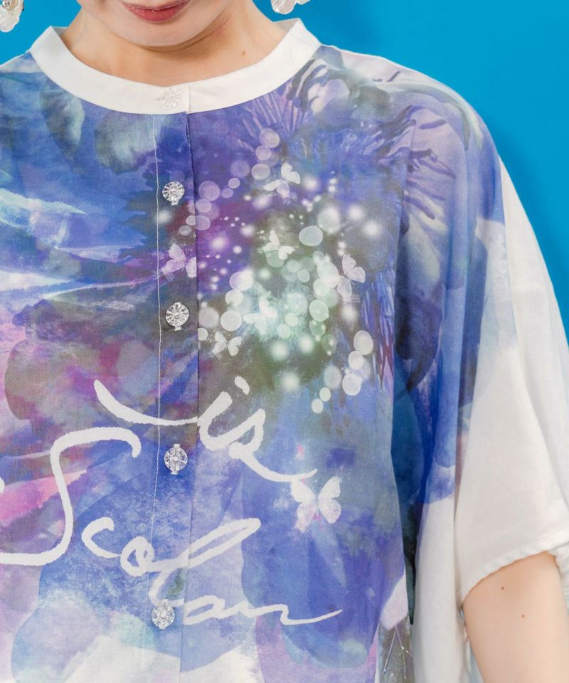 大輪の水彩花柄シャツ-5