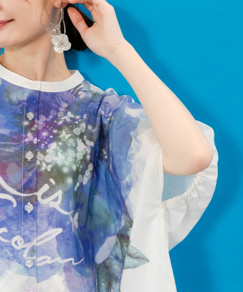 大輪の水彩花柄シャツ-6