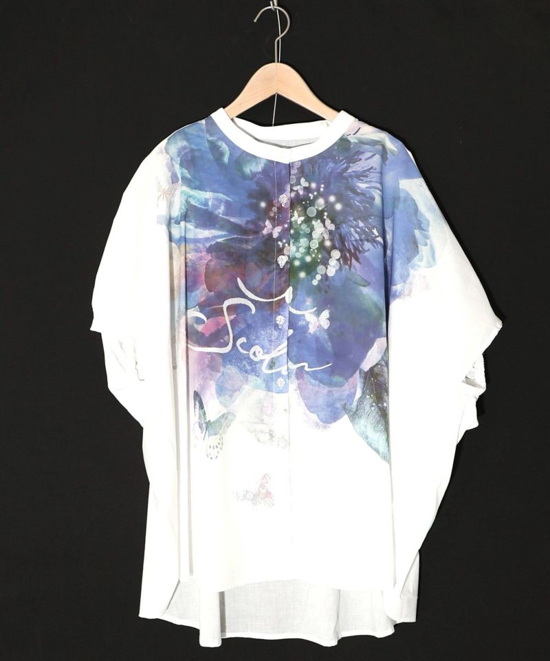 大輪の水彩花柄シャツ-7