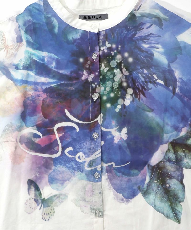大輪の水彩花柄シャツ-8