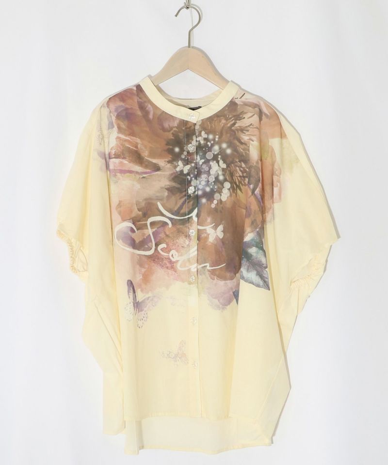 大輪の水彩花柄シャツ-9