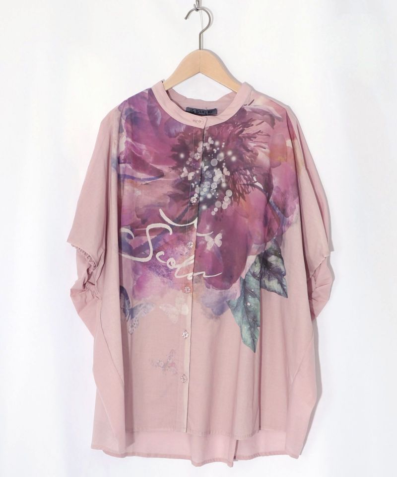 大輪の水彩花柄シャツ-11
