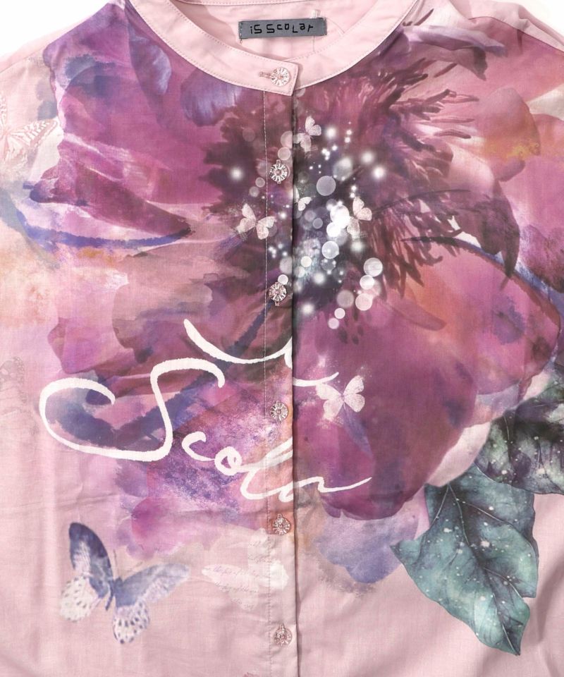 大輪の水彩花柄シャツ-12