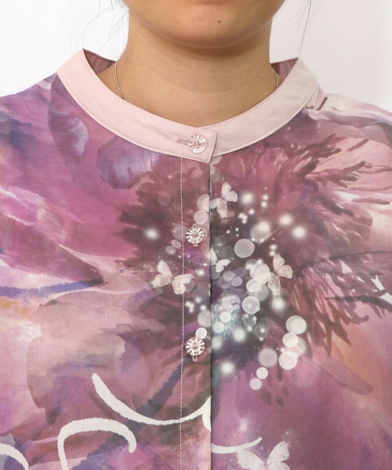 大輪の水彩花柄シャツ-13