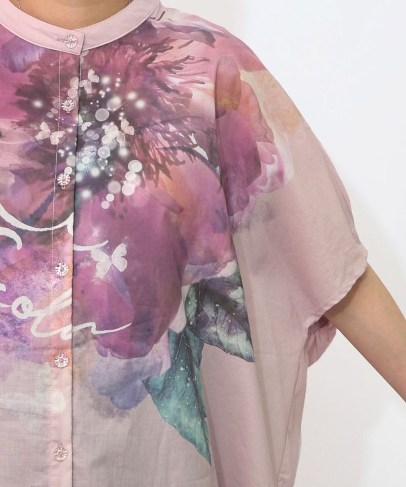 大輪の水彩花柄シャツ-14