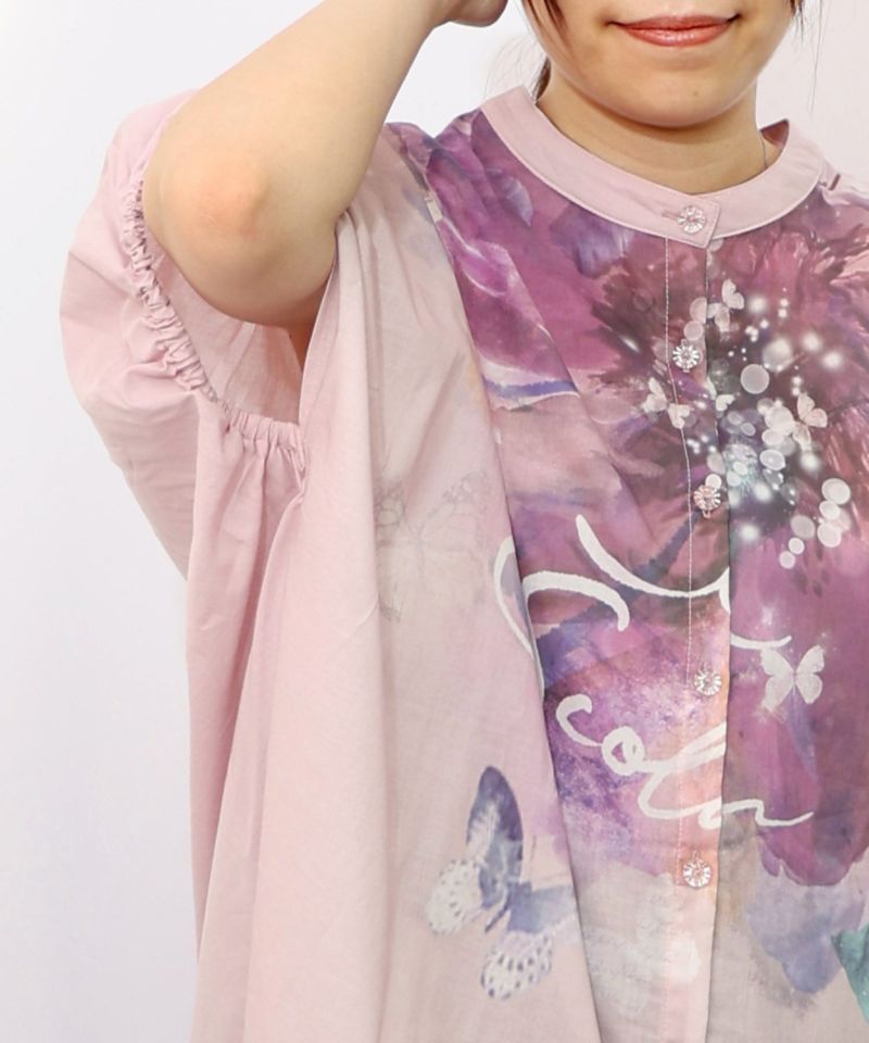 大輪の水彩花柄シャツ-16