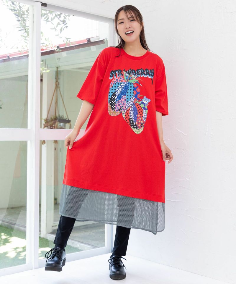 152694：イチゴ柄メッシュ切替ワンピースの通販-ScoLar