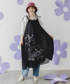 ScoLar】花蝶柄レースアップリケ デニムチュニック タグ付未使用