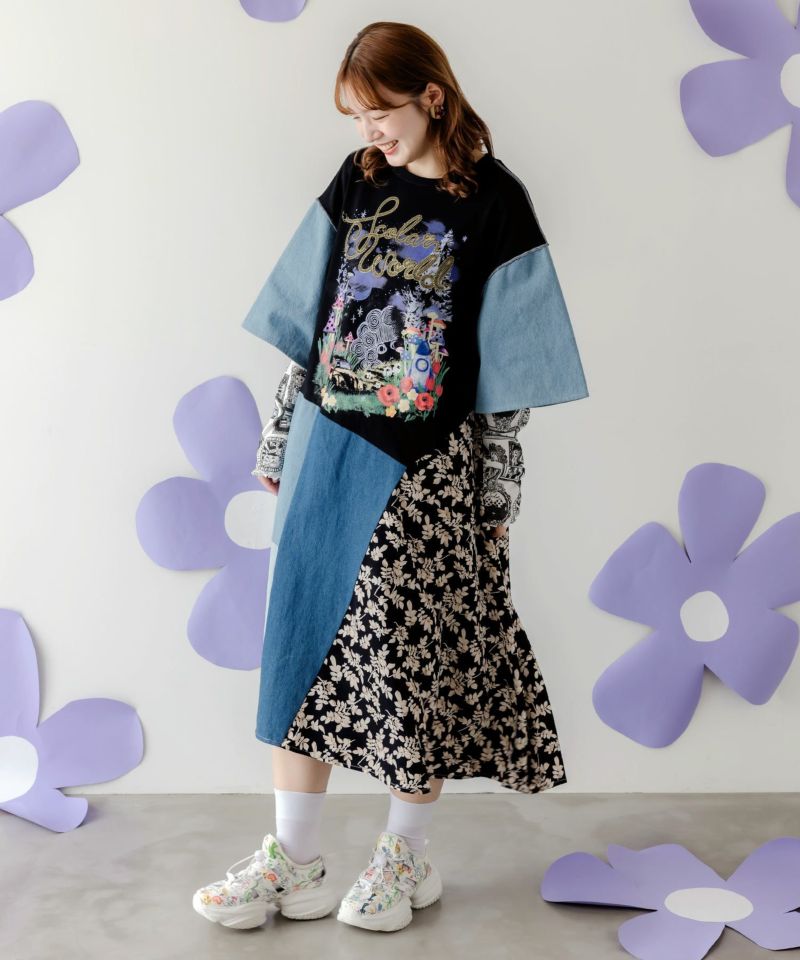 リメイク風デニム切替 花柄ワンピース-1