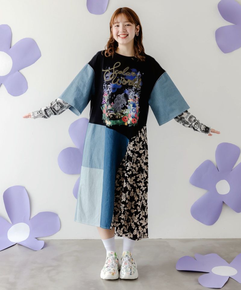 リメイク風デニム切替 花柄ワンピース-2