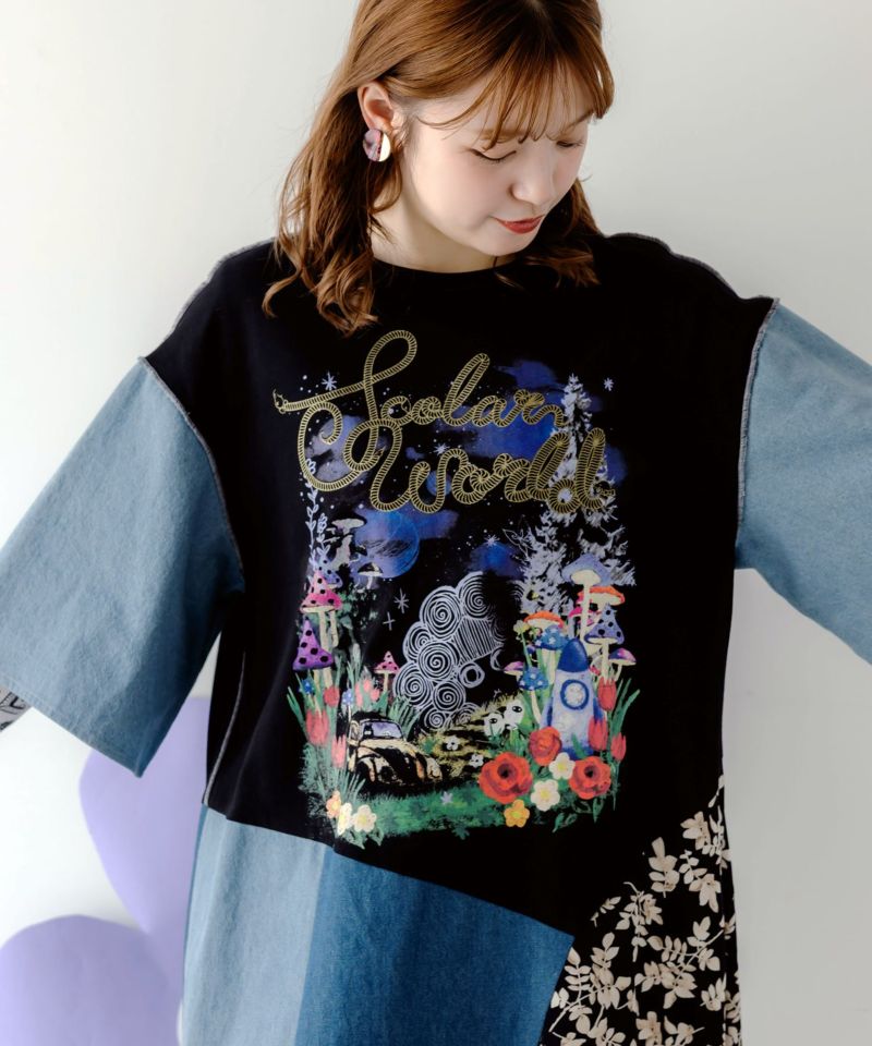 リメイク風デニム切替 花柄ワンピース-5