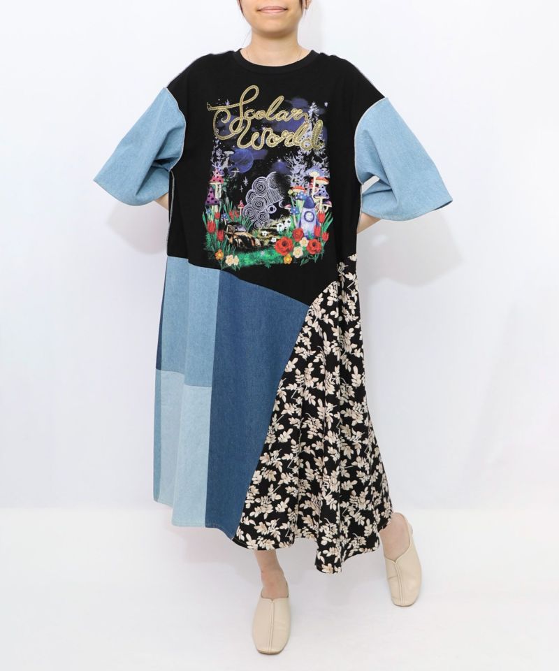 リメイク風デニム切替 花柄ワンピース-7