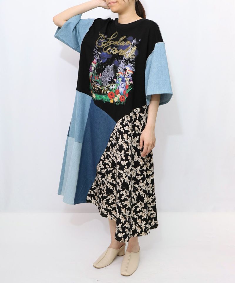 リメイク風デニム切替 花柄ワンピース-8