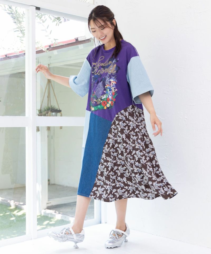 リメイク風デニム切替 花柄ワンピース-16