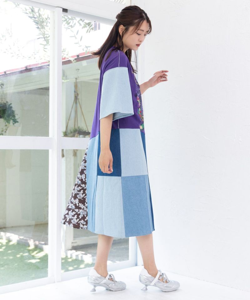 【スカラー】リメイク風デニム切替花柄OP ScoLar スカラー リメイク風デニム切替 花柄ワンピース