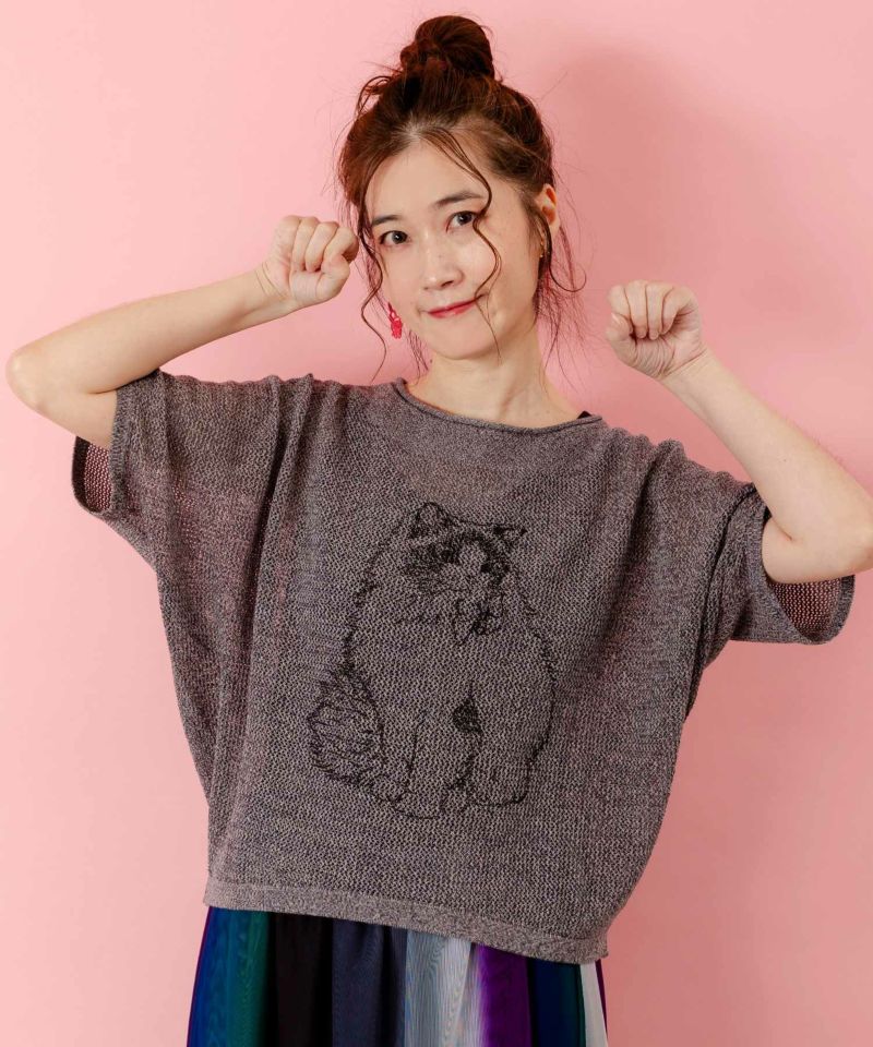 麻混KNITネコ柄プルオーバー-1