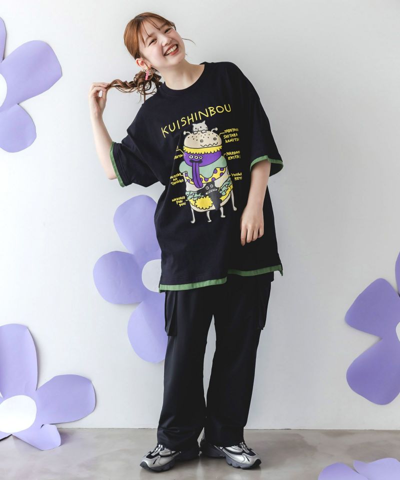 パリティのネコとモンスター「くいしんぼう」Tシャツ-2