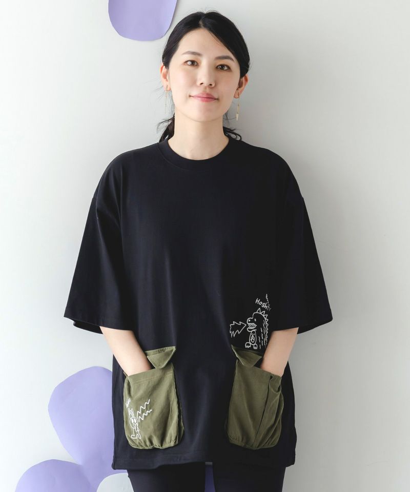 ヒーローごっこ刺繍 ポケット付きドロストTシャツ-1