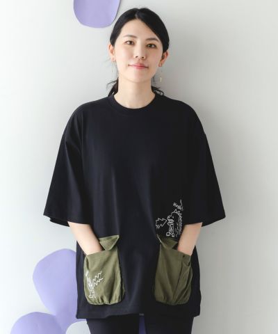 352127：ヒーローごっこ刺繍 ポケット付きドロストTシャツの通販