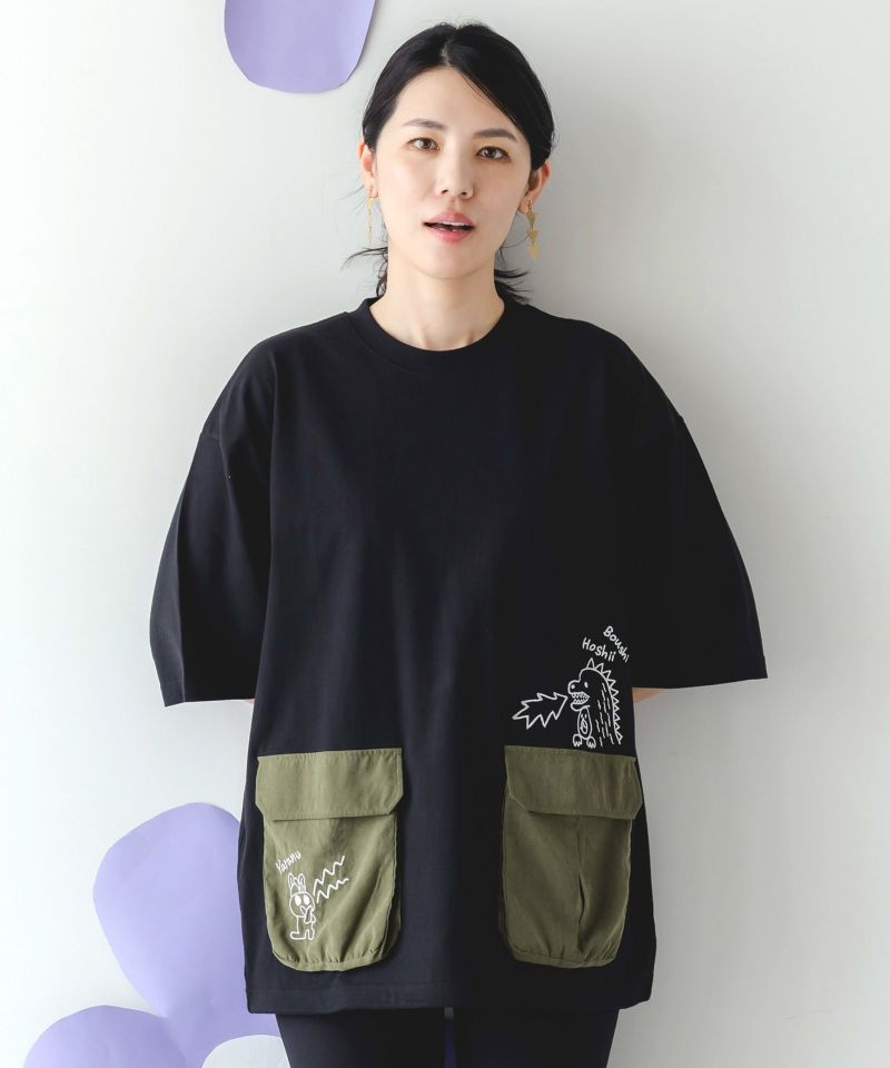 ヒーローごっこ刺繍 ポケット付きドロストTシャツ-3