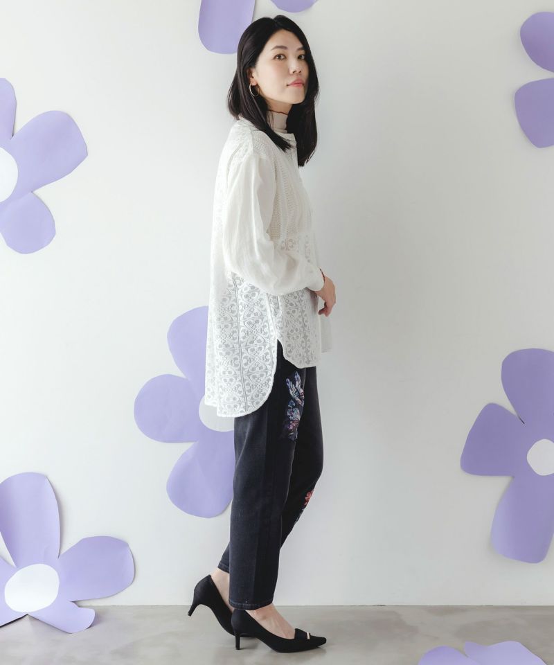 蝶花アップリケ ストレッチデニムパンツ-3