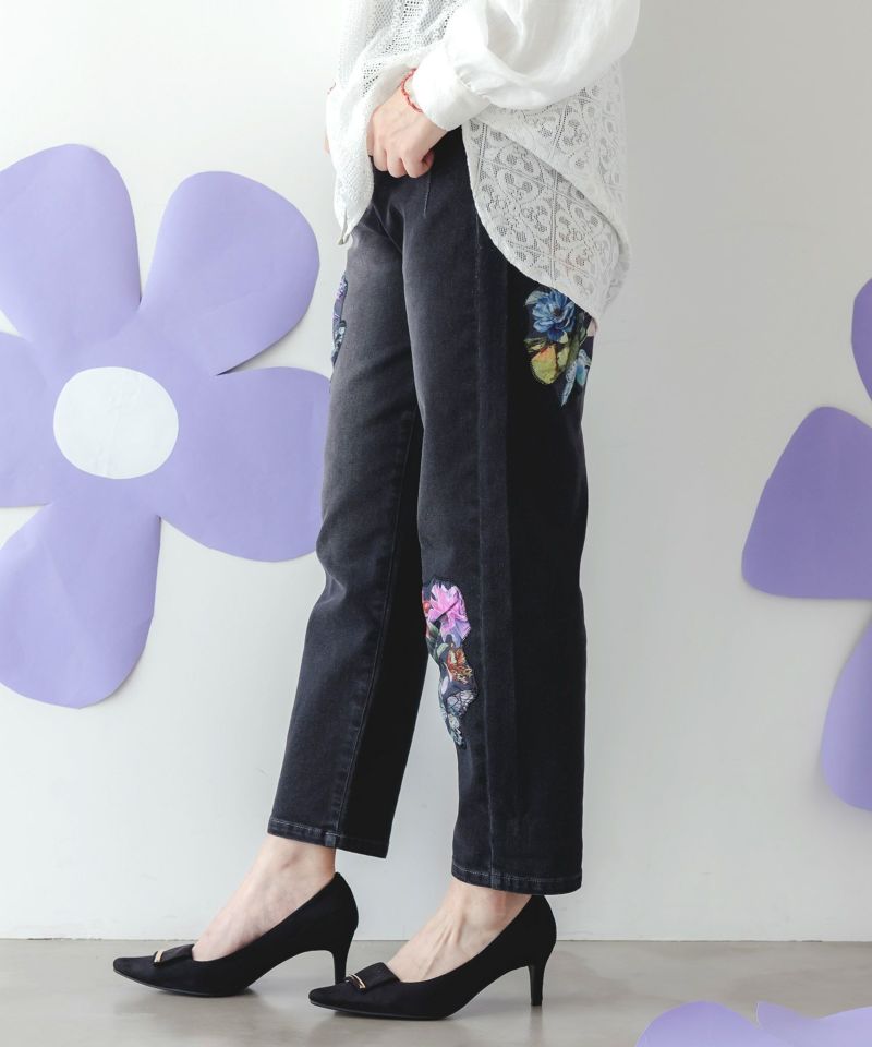 蝶花アップリケ ストレッチデニムパンツ-4