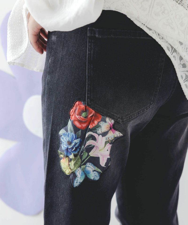 蝶花アップリケ ストレッチデニムパンツ-6