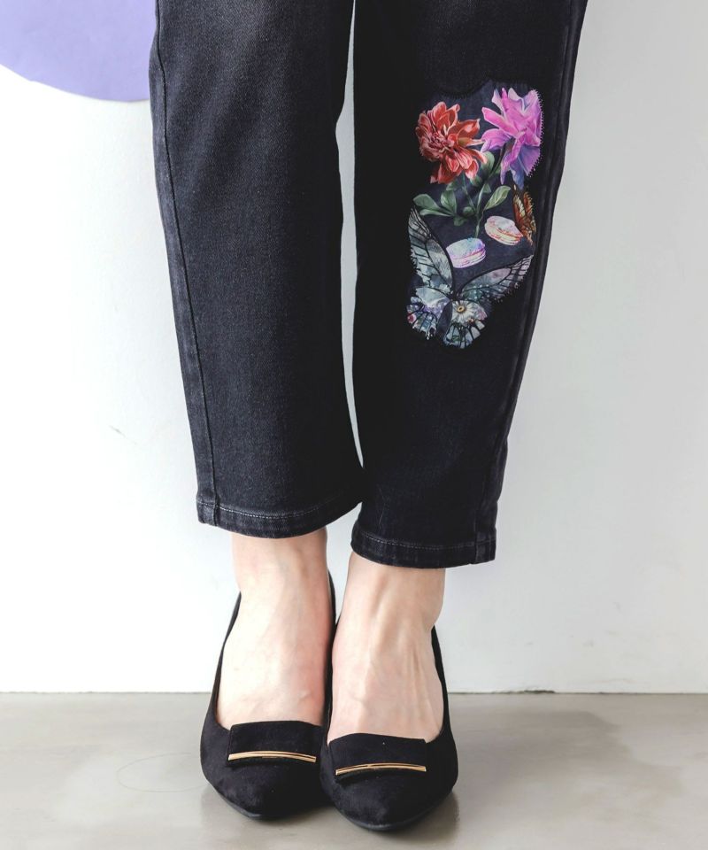 蝶花アップリケ ストレッチデニムパンツ-8