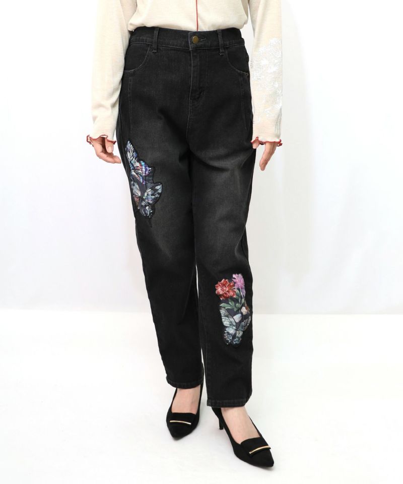 蝶花アップリケ ストレッチデニムパンツ-9