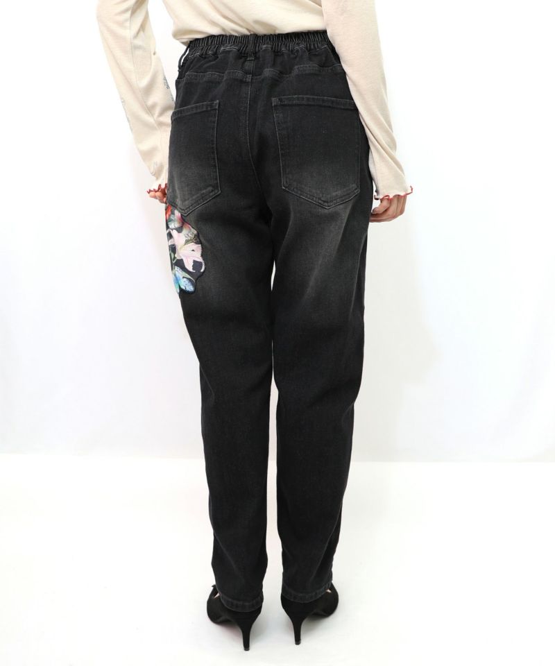 蝶花アップリケ ストレッチデニムパンツ-11