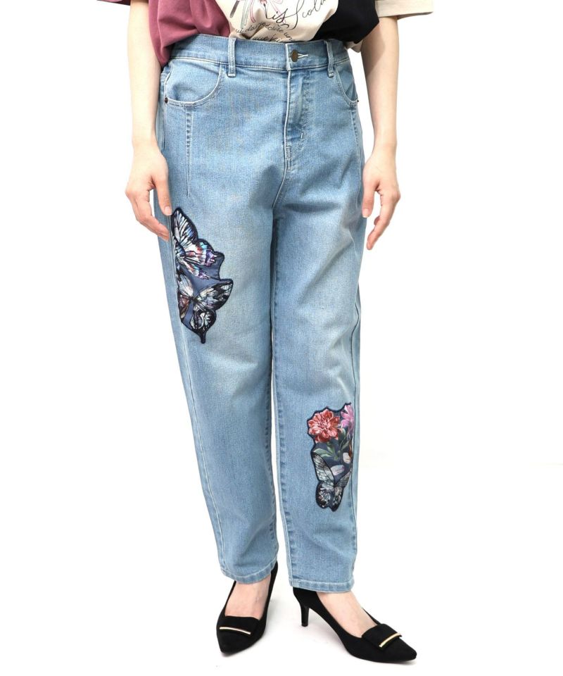 蝶花アップリケ ストレッチデニムパンツ-13