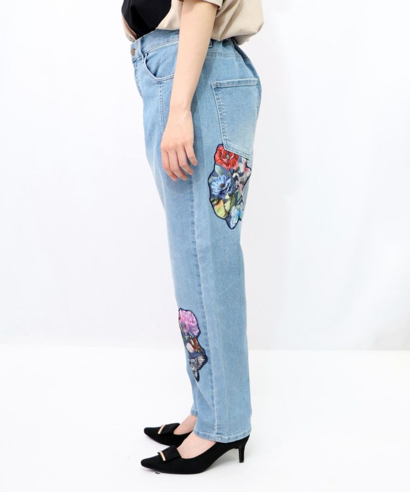 蝶花アップリケ ストレッチデニムパンツ-14