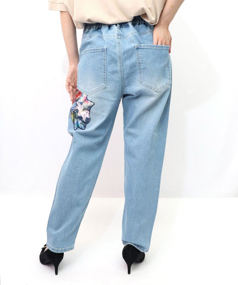 蝶花アップリケ ストレッチデニムパンツ-15