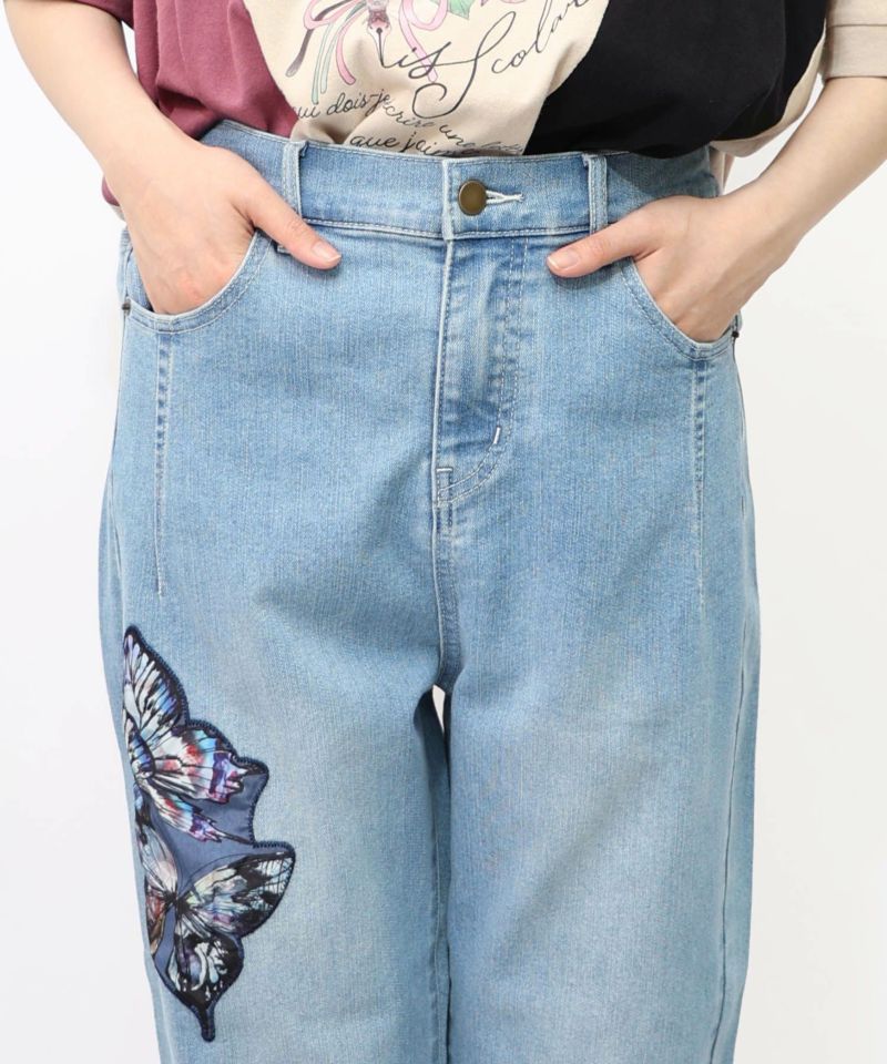 蝶花アップリケ ストレッチデニムパンツ-17