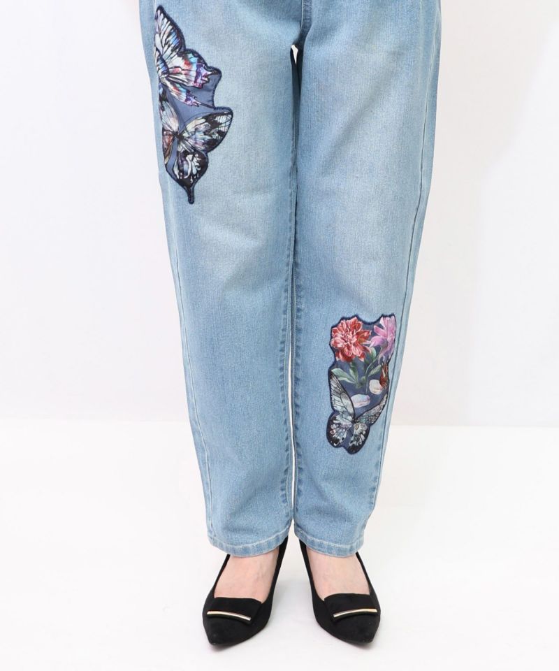 蝶花アップリケ ストレッチデニムパンツ-18