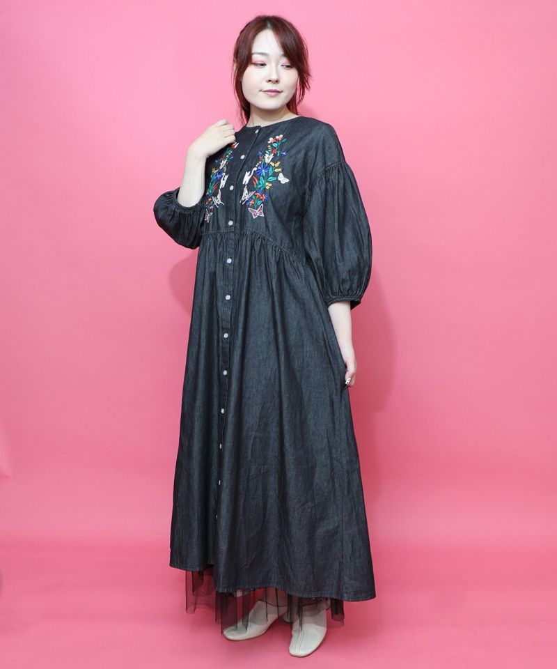152736：花柄刺繍デニムグラデーション シャツワンピースの通販