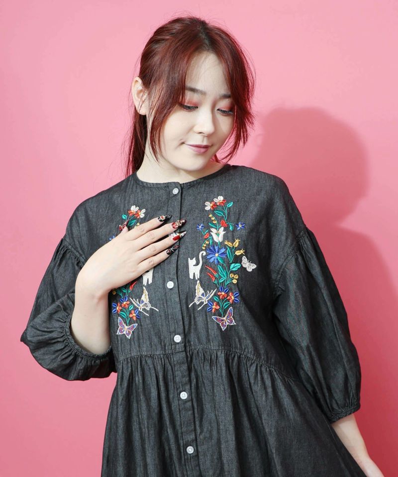 花柄刺繍デニムグラデーション シャツワンピース-2