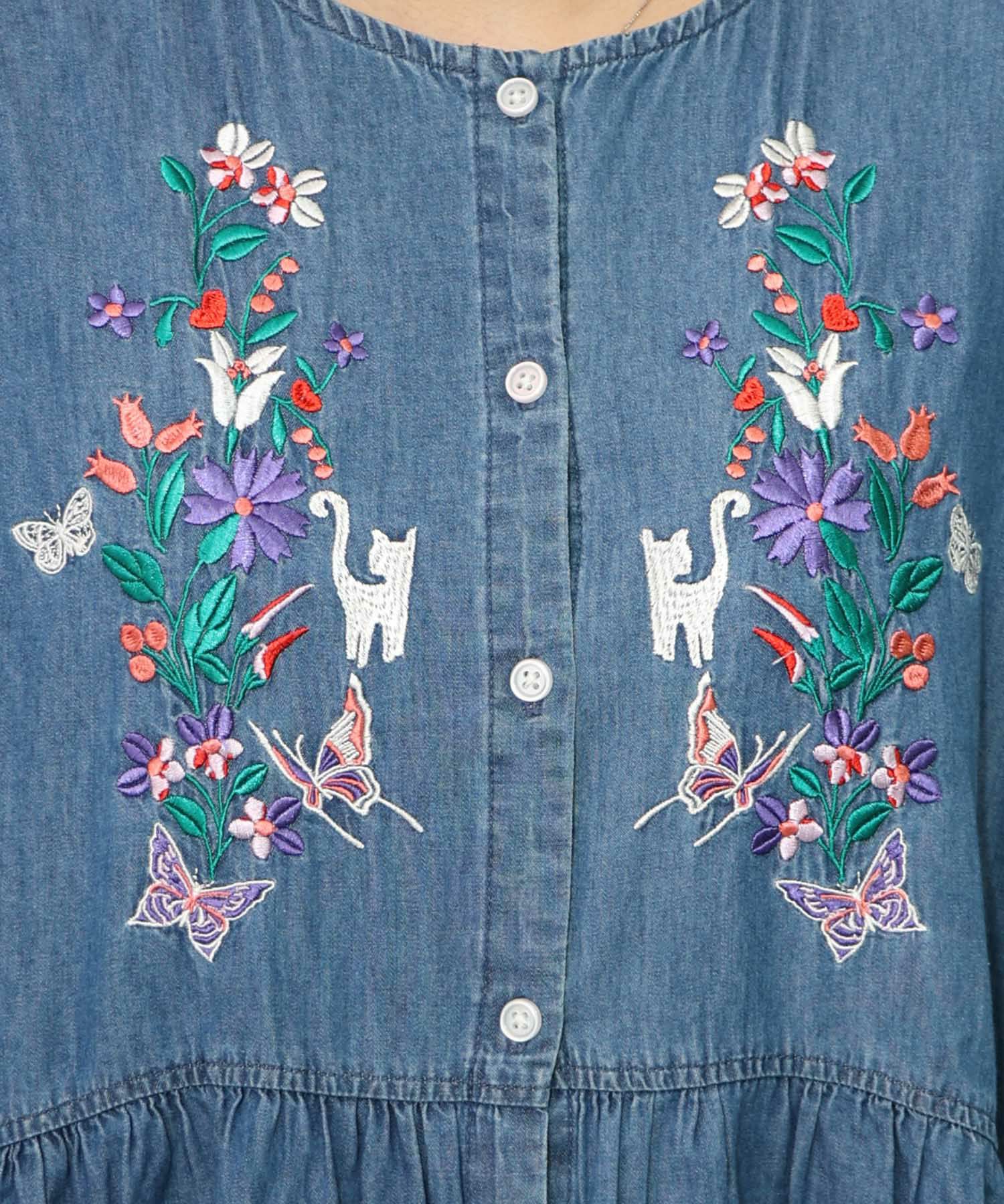 152736:花柄刺繍デニムグラデーション シャツワンピースの通販 152736:花柄刺繍デニムグラデーション シャツワンピースの通販
