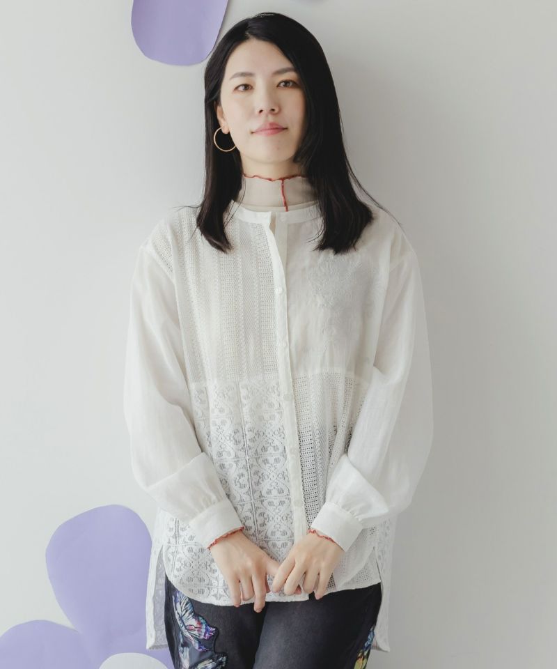 異素材シアー切替 花束刺繍シャツ-1