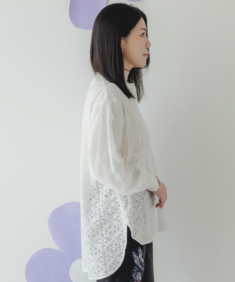 異素材シアー切替 花束刺繍シャツ-3