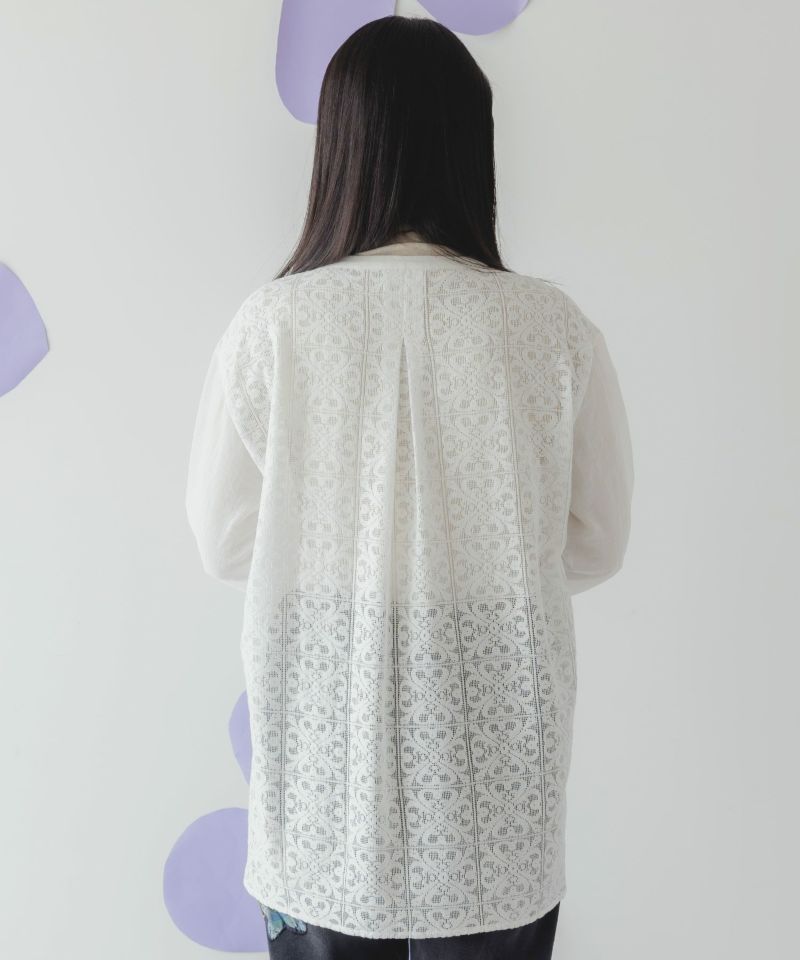 異素材シアー切替 花束刺繍シャツ-4