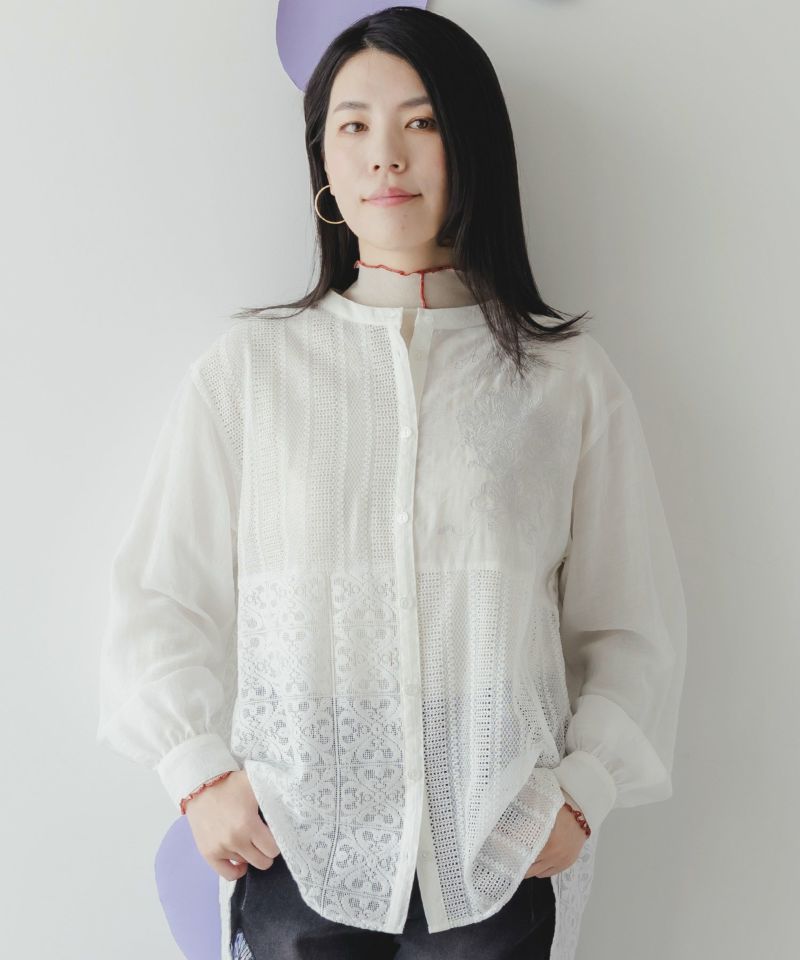 異素材シアー切替 花束刺繍シャツ-5