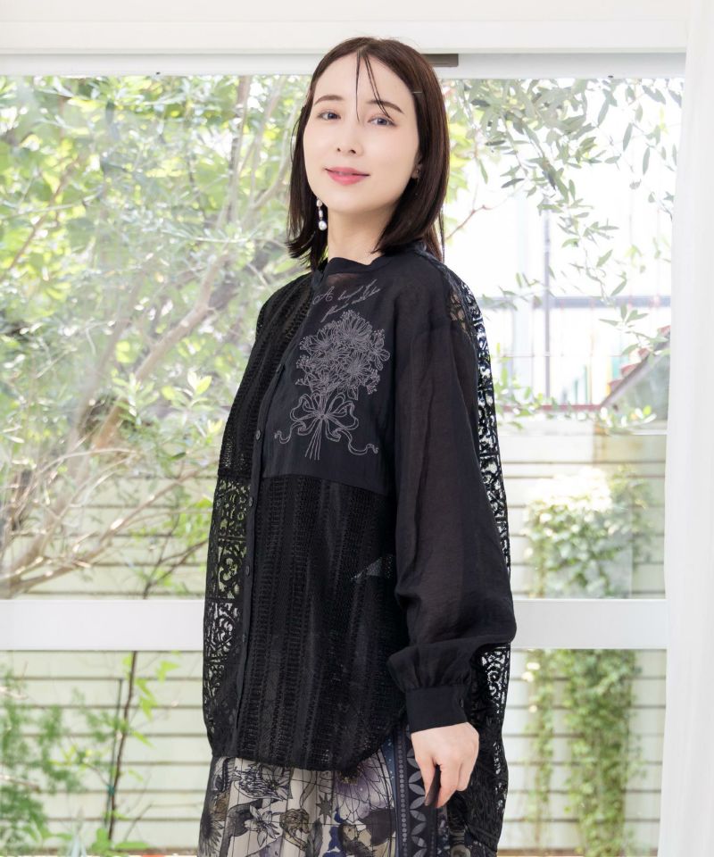 異素材シアー切替 花束刺繍シャツ-18