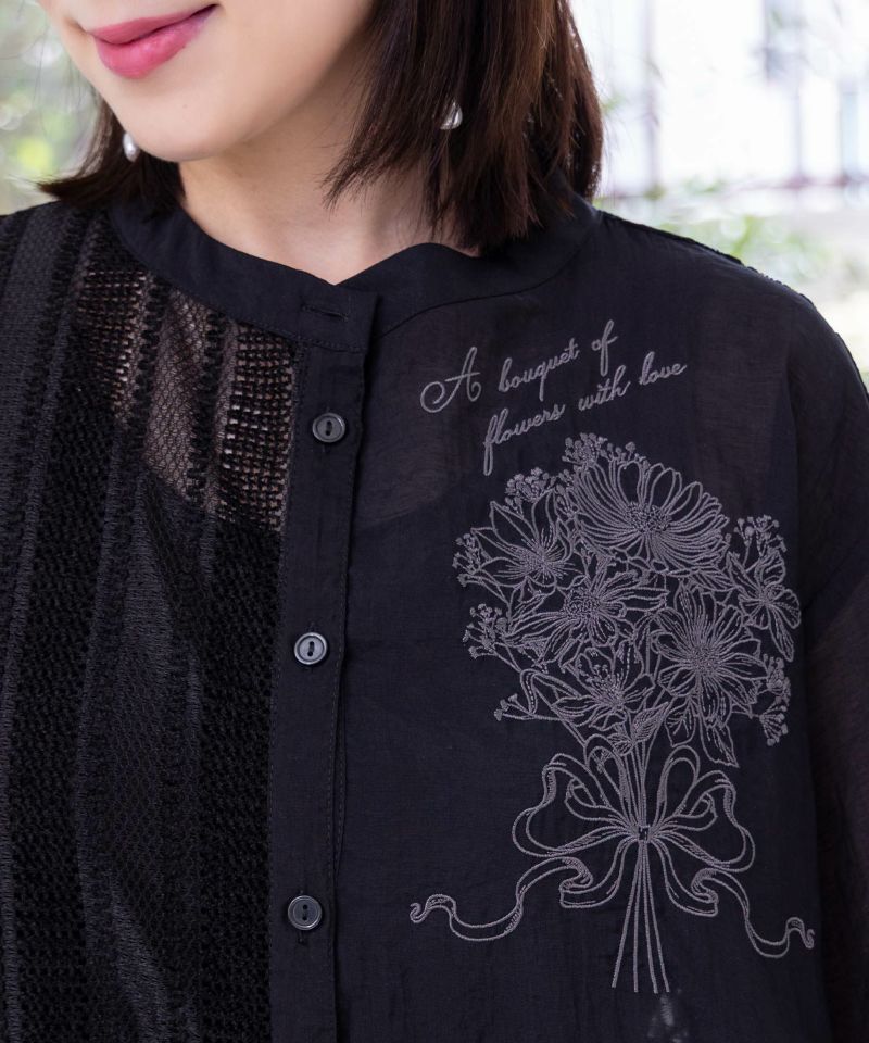 異素材シアー切替 花束刺繍シャツ-21
