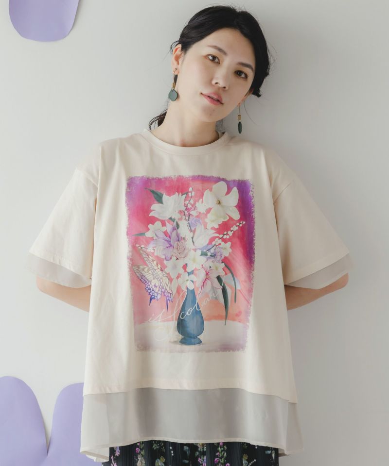 花瓶柄シフォン切替プルオーバー-1