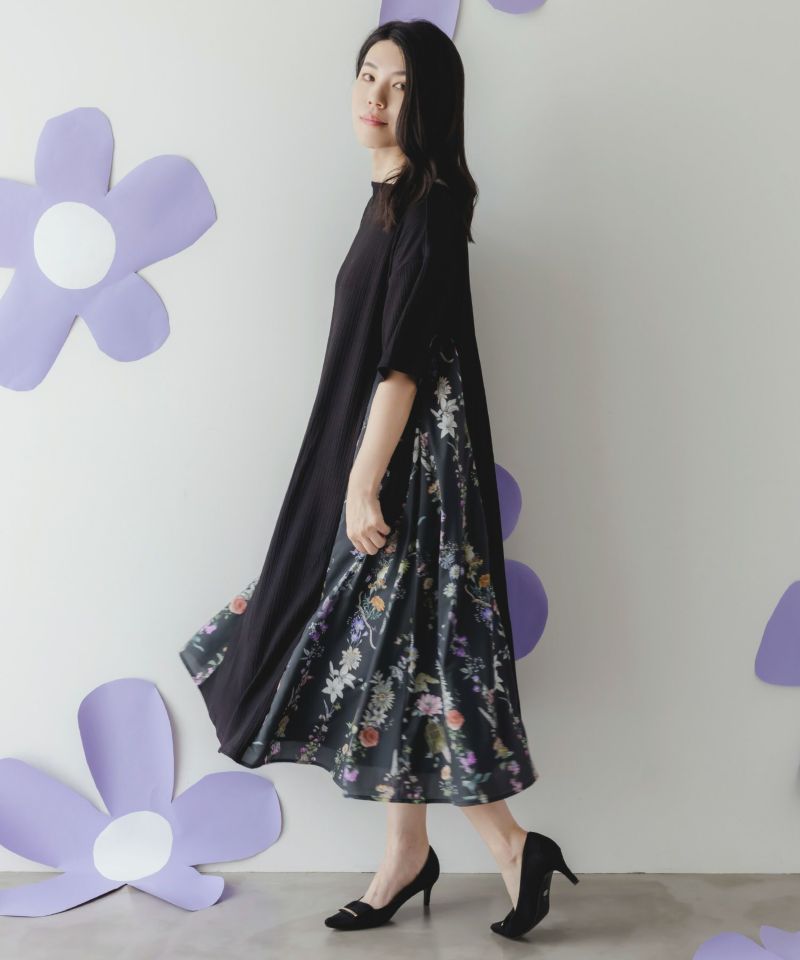 花とキツネ柄 サイド切替ランダムリブワンピース-3
