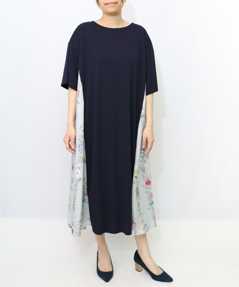 花とキツネ柄 サイド切替ランダムリブワンピース-16