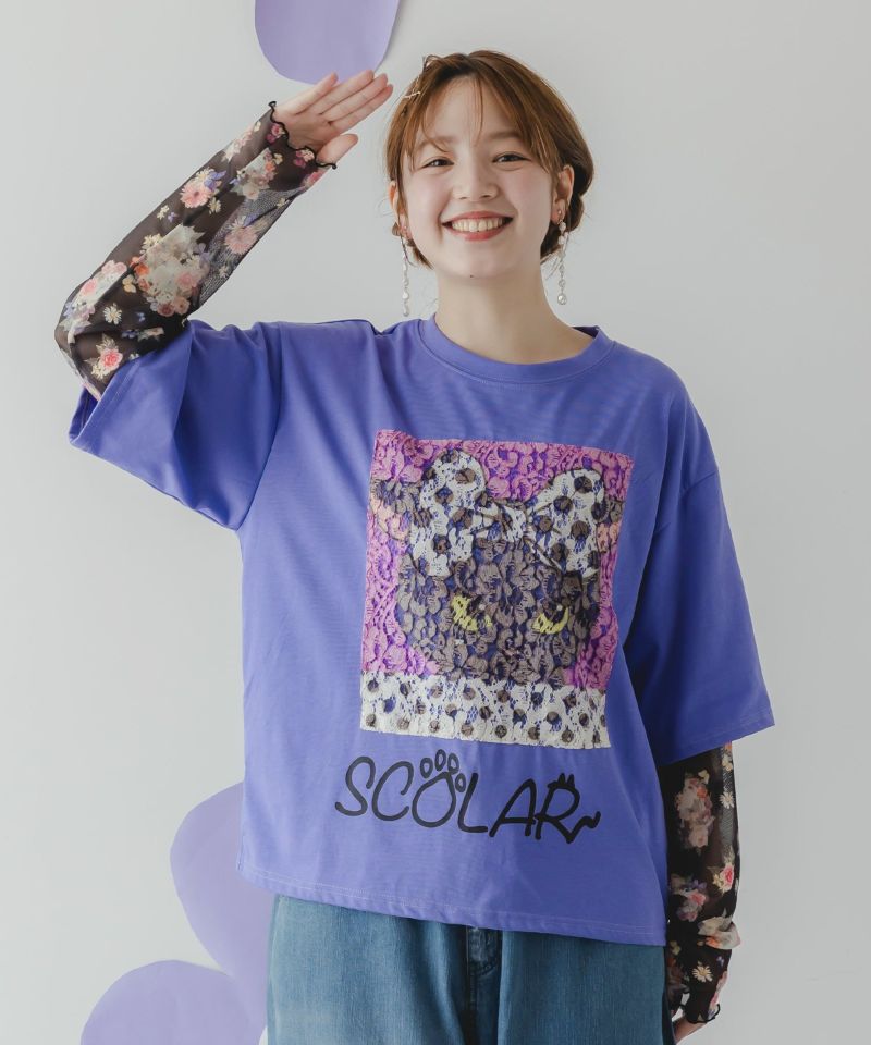 ☆スカラー　152743：花とネコ柄のレイヤード風 接触冷感ロンT 152743：花とネコ柄のレイヤード風 接触冷感ロンTの通販-ScoLar