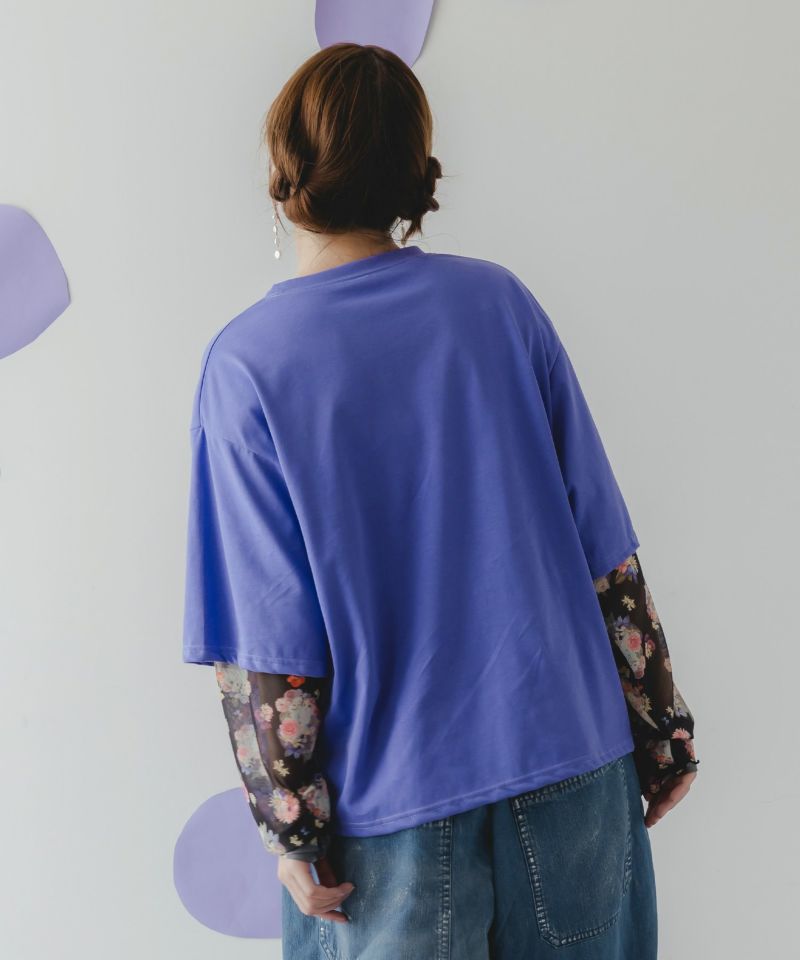 花とネコ柄のレイヤード風 接触冷感ロンT-5
