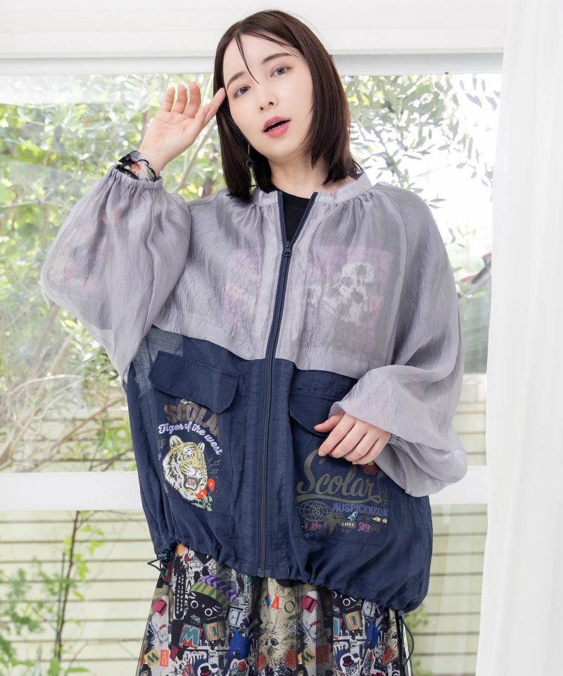 バイカラーシアー切替 虎刺繍ブルゾン-1